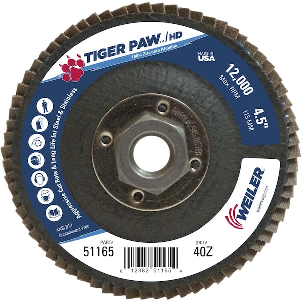 Weiler 4-1/2" Tiger Paw Density Flap Disc, Flat (TY27), 40Z, 5/8"-11 UNC 51165 - main